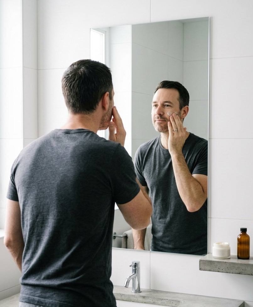 Homme devant son miroir, routine soin