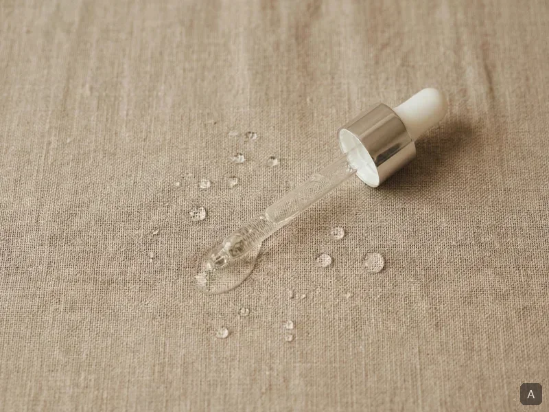 Pipette de sérum à l'acide hyaluronique avec gouttes transparentes sur fond lin