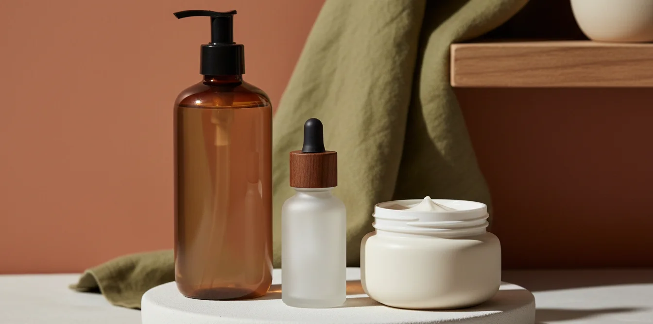 Produits skincare anti-acné disposés sur une surface blanche, nettoyant sérum et crème hydratante