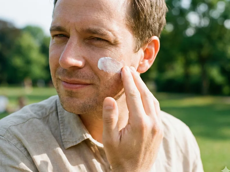 Homme appliquant de la crème solaire sur sa joue en extérieur