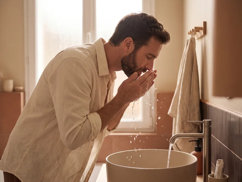 Homme se rinçant le visage à l'eau froide après le rasage au-dessus du lavabo
