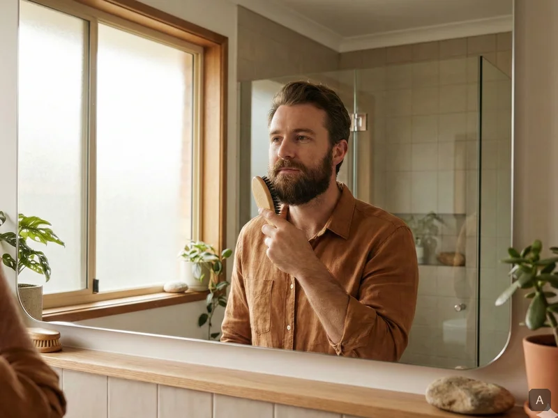 Homme brossant sa barbe avec une brosse en poils de sanglier devant un miroir de salle de bain