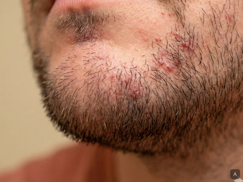 Gros plan sur la peau irritée sous une barbe courte montrant rougeurs et poils incarnés
