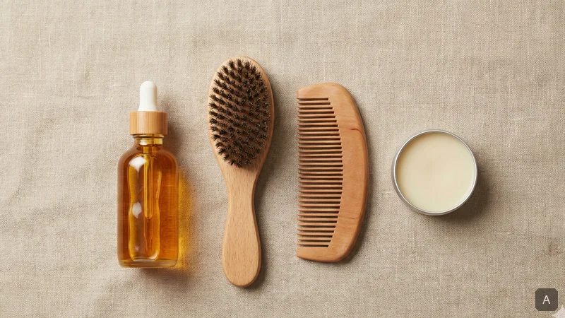 Flat-lay des essentiels barbe sur fond lin : huile à barbe, brosse en poils de sanglier, peigne en bois et baume