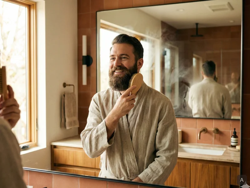 Homme barbu brossant sa barbe avec une brosse en poils de sanglier devant un miroir