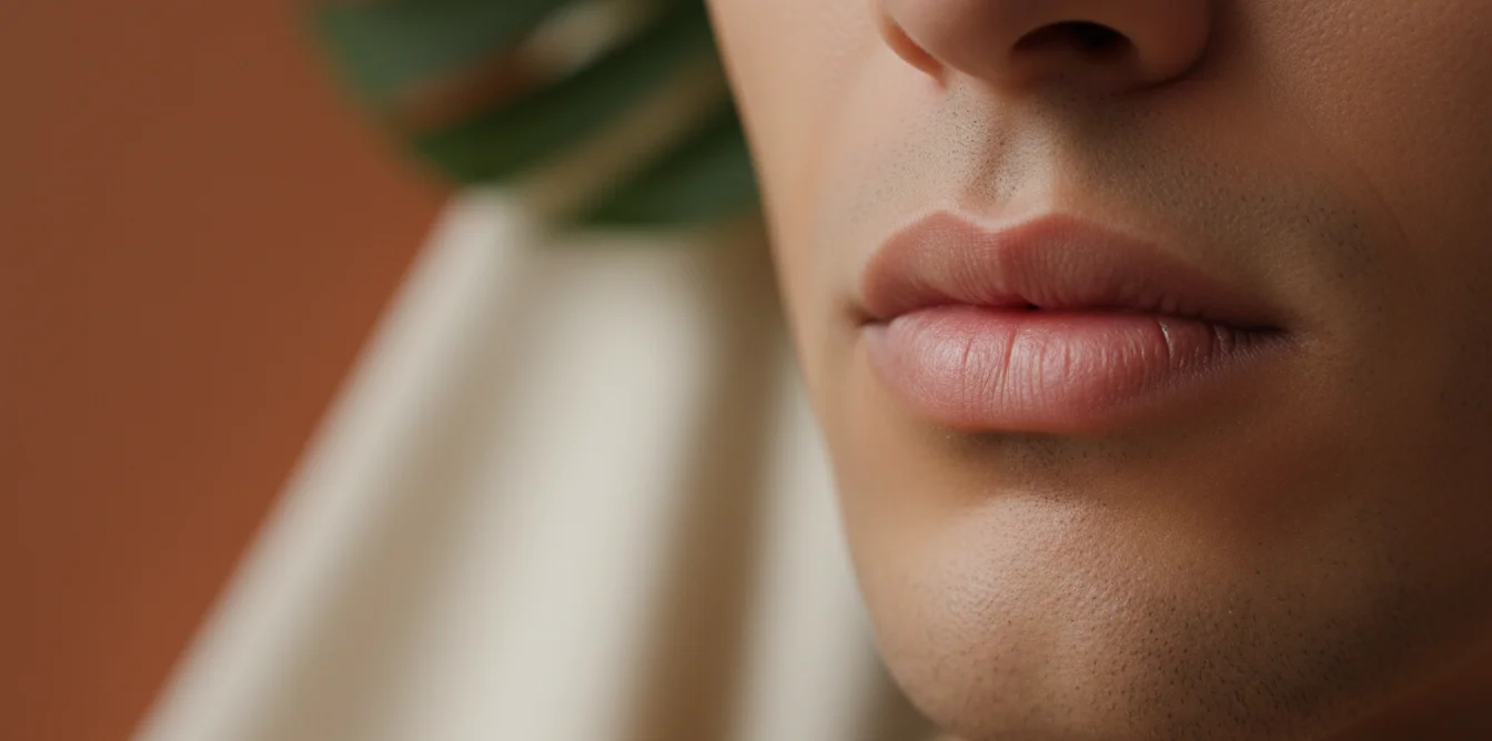 Gros plan de lèvres masculines hydratées et lisses, lumière naturelle