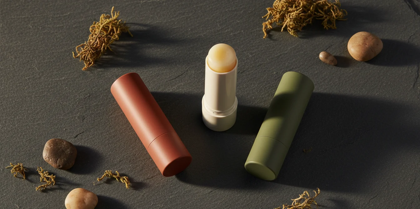 Trois baumes à lèvres pour homme sur surface en ardoise, un ouvert montrant la texture