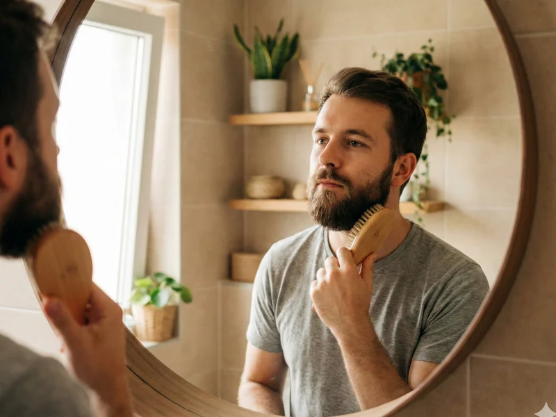 Homme brossant sa barbe devant un miroir lors de sa routine matinale