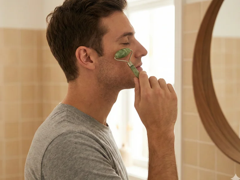 Homme utilisant un jade roller sous les yeux dans sa salle de bain