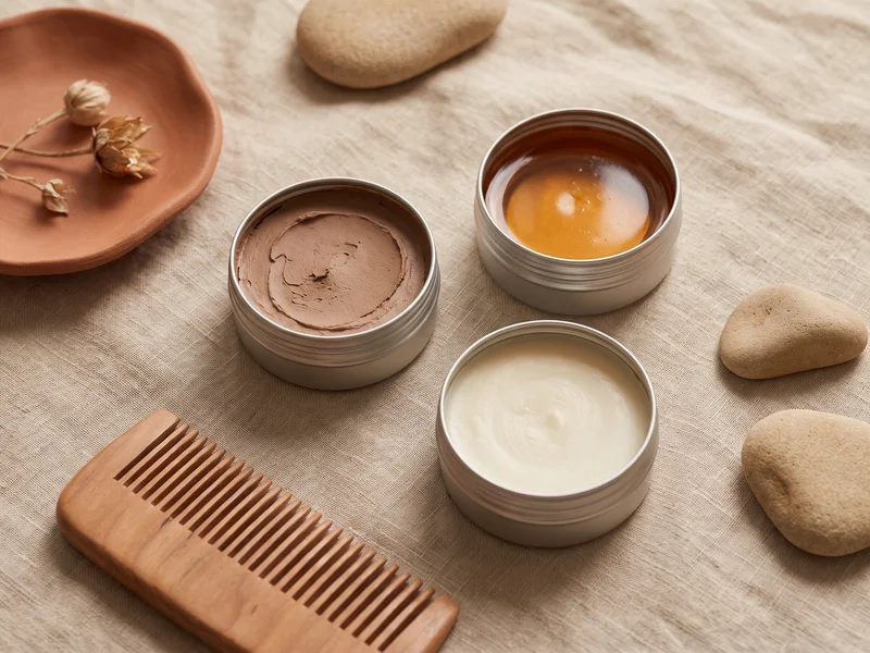 Trois pots de cire cheveux homme ouverts montrant les textures : argile mate, pommade brillante, cire fibreuse