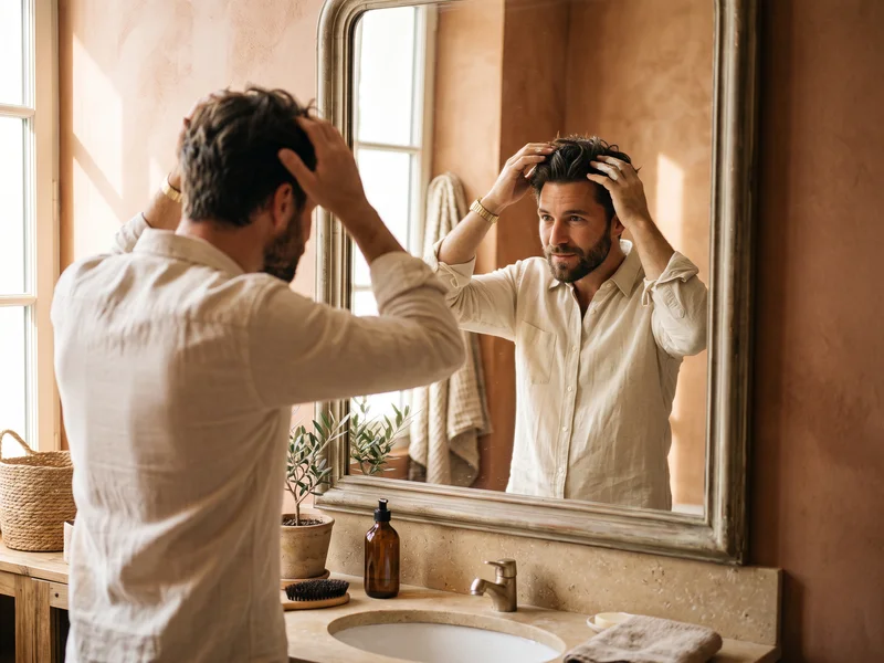 Homme appliquant de la cire dans ses cheveux à deux mains devant le miroir de la salle de bain