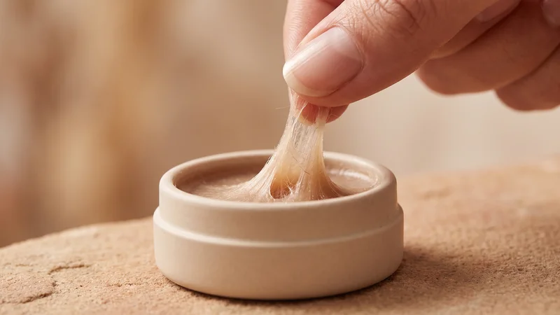 Doigt prélevant une noisette de cire coiffante dans un pot, la cire s'étirant en fibres