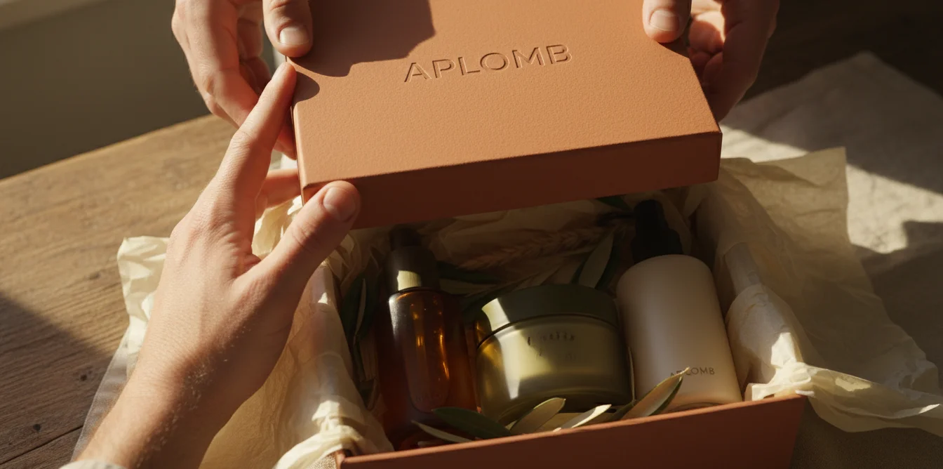 Mains masculines ouvrant un coffret soin premium avec papier de soie