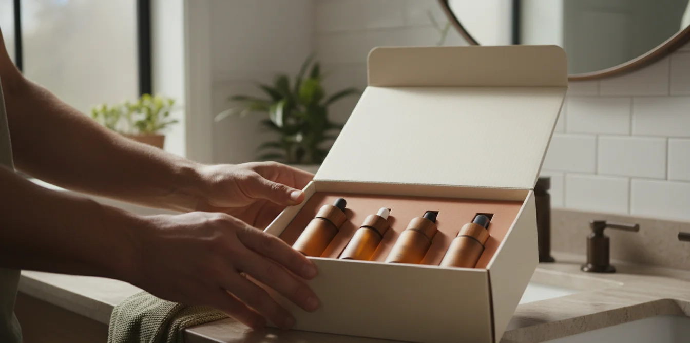 Homme ouvrant un coffret soin visage, gros plan sur les mains et les produits
