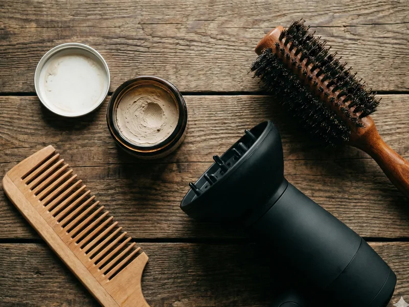 Produits de soins capillaires homme disposés sur un comptoir de salle de bain