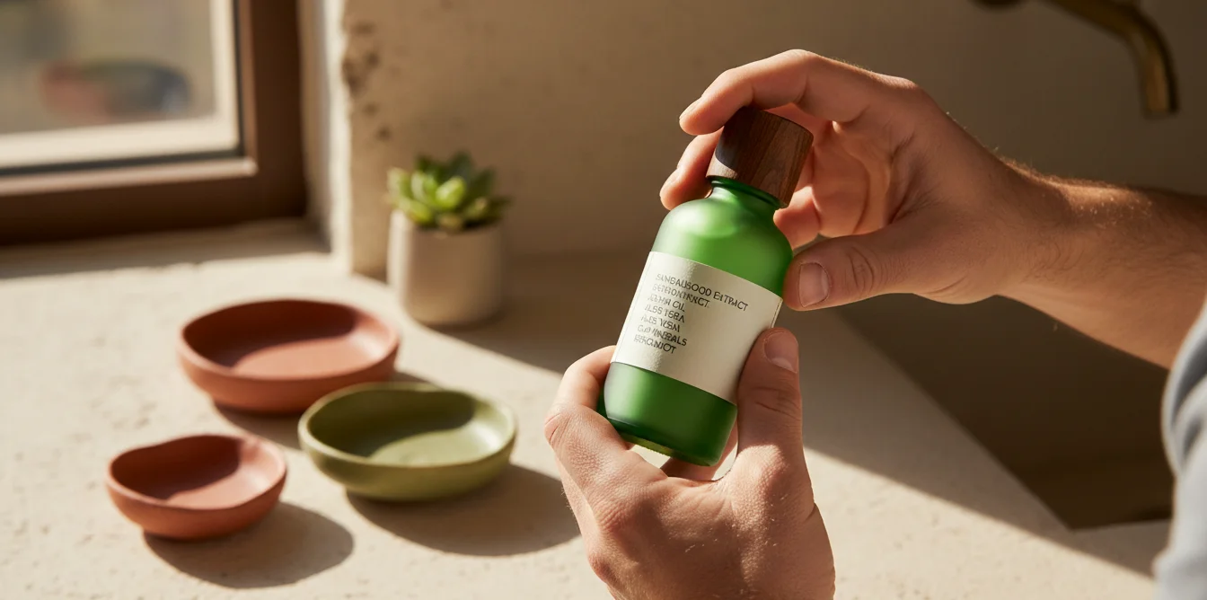 Main masculine lisant la liste INCI sur un flacon de soin vert, salle de bain lumineuse