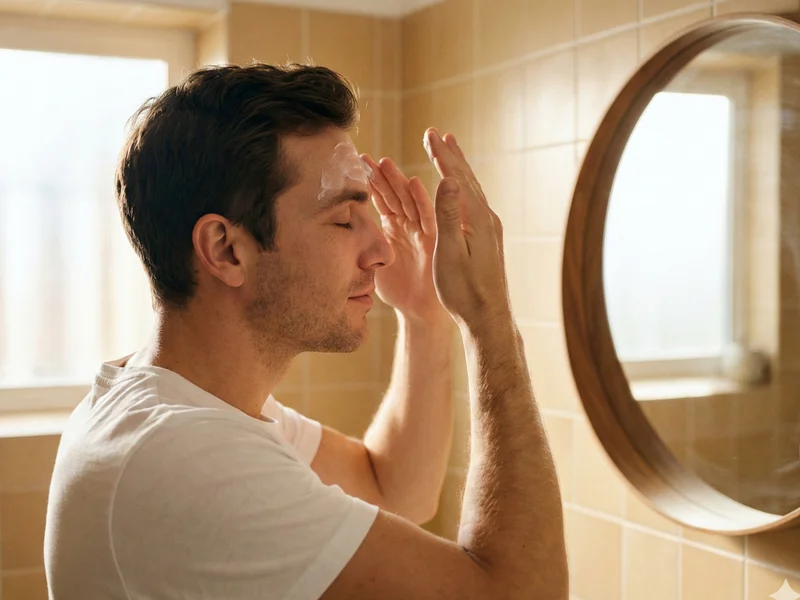 Homme appliquant sa crème hydratante sur le front avec les paumes