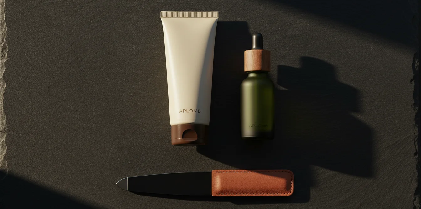 Tube de crème mains, lime à ongles et huile à cuticules sur surface en ardoise sombre