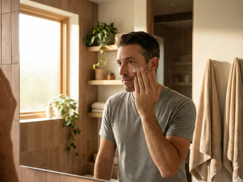 Homme appliquant sa crème visage devant le miroir de sa salle de bain