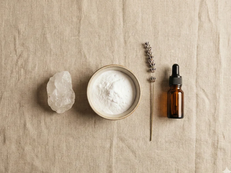 Ingrédients naturels de déodorant : pierre d'alun, bicarbonate de soude, lavande et huile essentielle