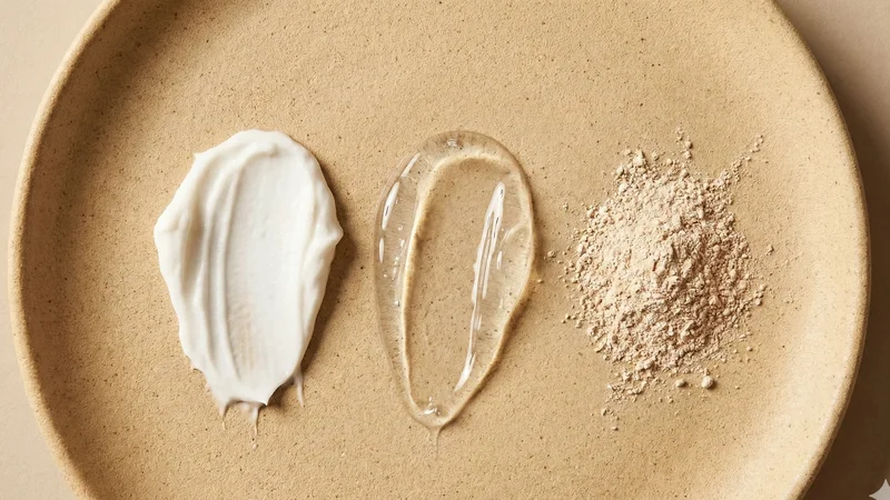 Comparaison de trois textures de déodorant naturel : crème blanche, gel transparent et poudre minérale