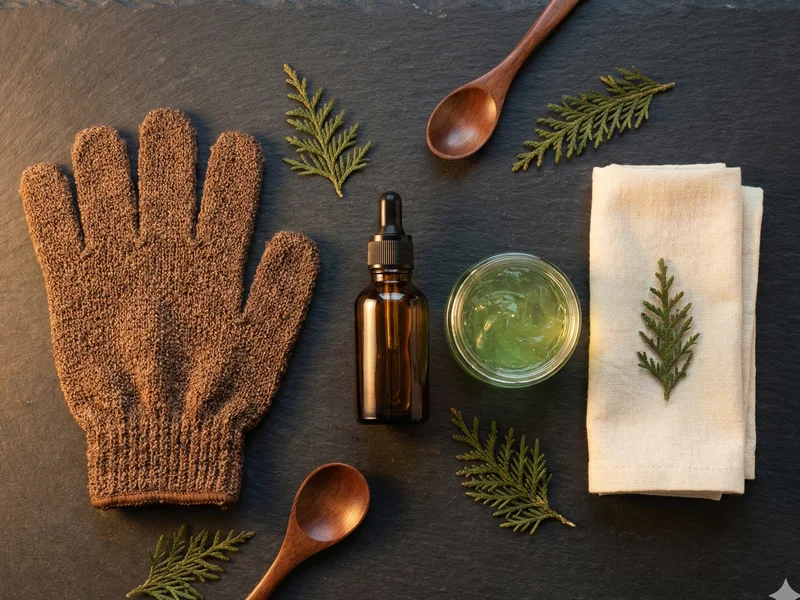 Produits anti-poils incarnés : gant exfoliant, sérum, aloe vera et compresse