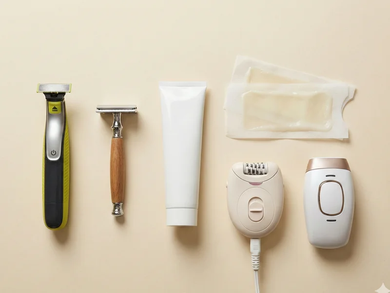 Les 6 méthodes d'épilation homme côte à côte : tondeuse, rasoir, crème, cire, épilateur, IPL