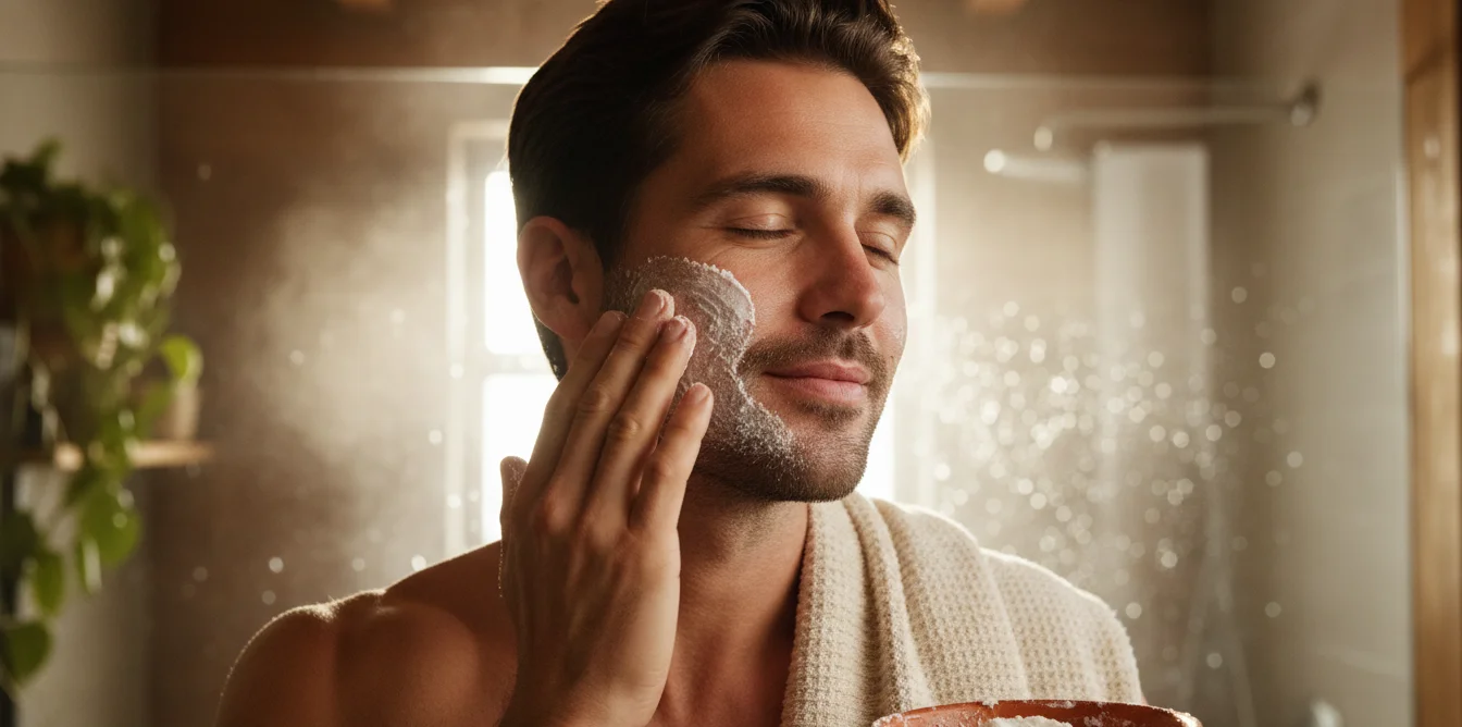 Homme appliquant un gommage visage sur sa joue et sa mâchoire, vapeur de douche en arrière-plan