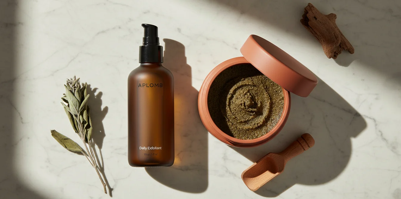 Comparaison entre un flacon d'exfoliant chimique et un pot de gommage physique sur surface en marbre