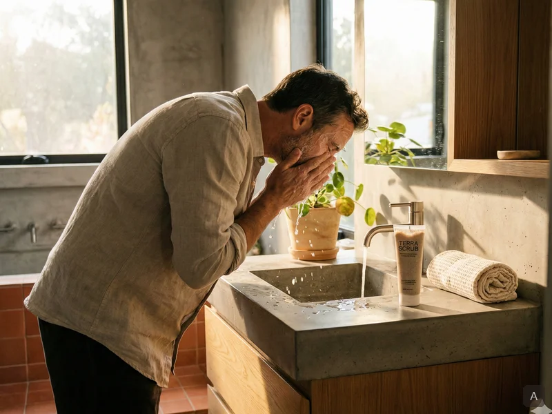 Homme se rinçant le visage au-dessus d'un lavabo moderne après un gommage, tube de scrub posé sur le plan de travail