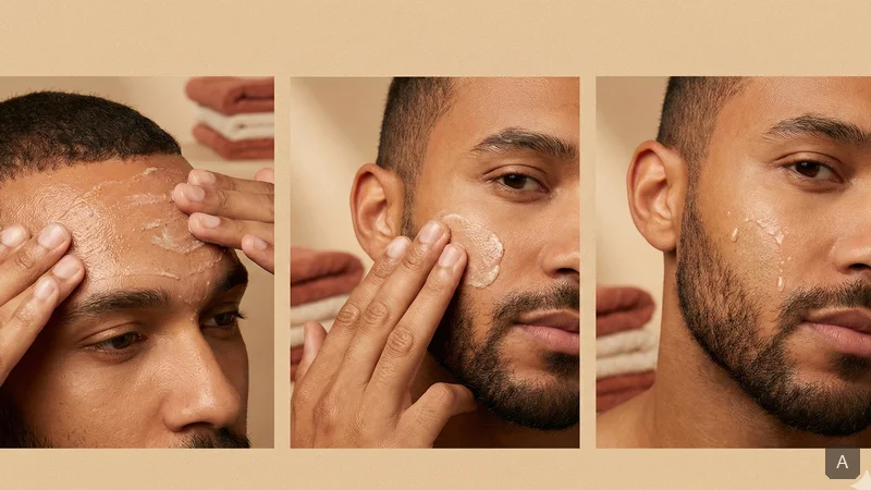 Triptyque montrant les trois étapes d'application d'un gommage visage : front, joues et menton avec mouvements circulaires