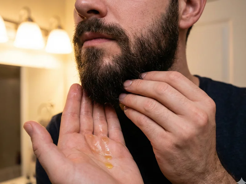 Application huile à barbe : homme massant l'huile dans sa barbe