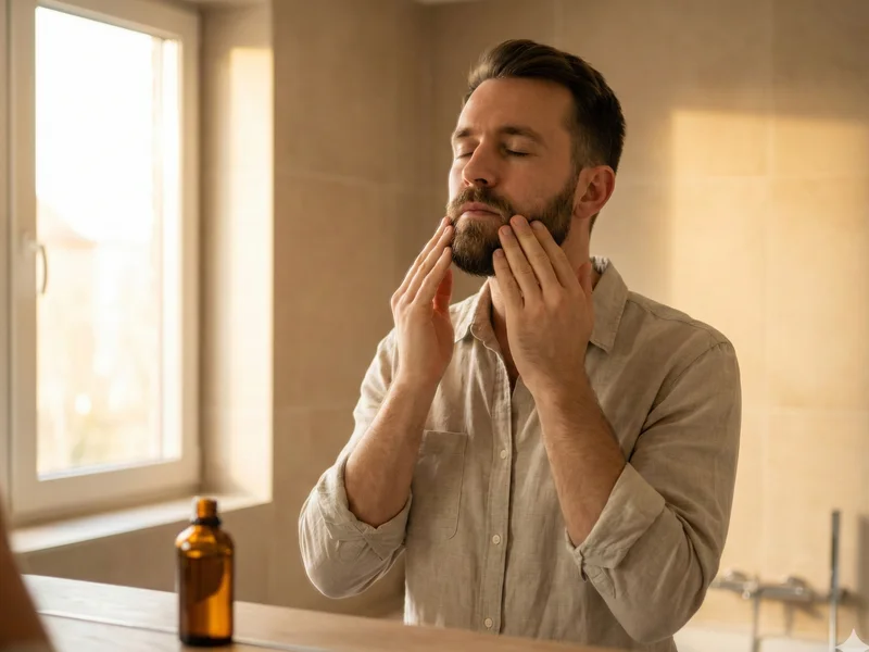 Homme massant de l'huile dans sa barbe devant un miroir de salle de bain avec un flacon ambré posé sur le lavabo