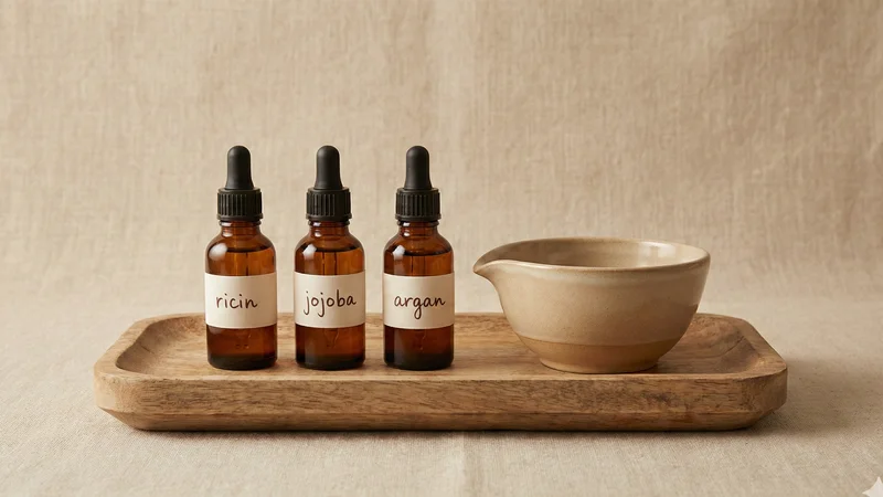 Trois flacons compte-gouttes étiquetés ricin, jojoba et argan sur un plateau en bois avec un bol de mélange