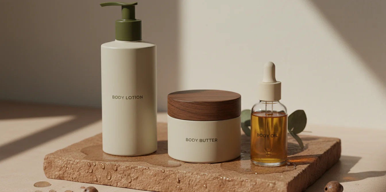 Trois types d'hydratants corps — lait, baume et huile — disposés sur une surface en pierre