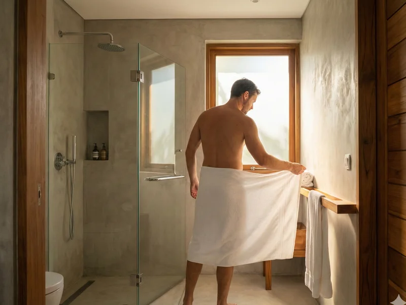 Homme sortant de la douche avec serviette propre - routine hygiène intime