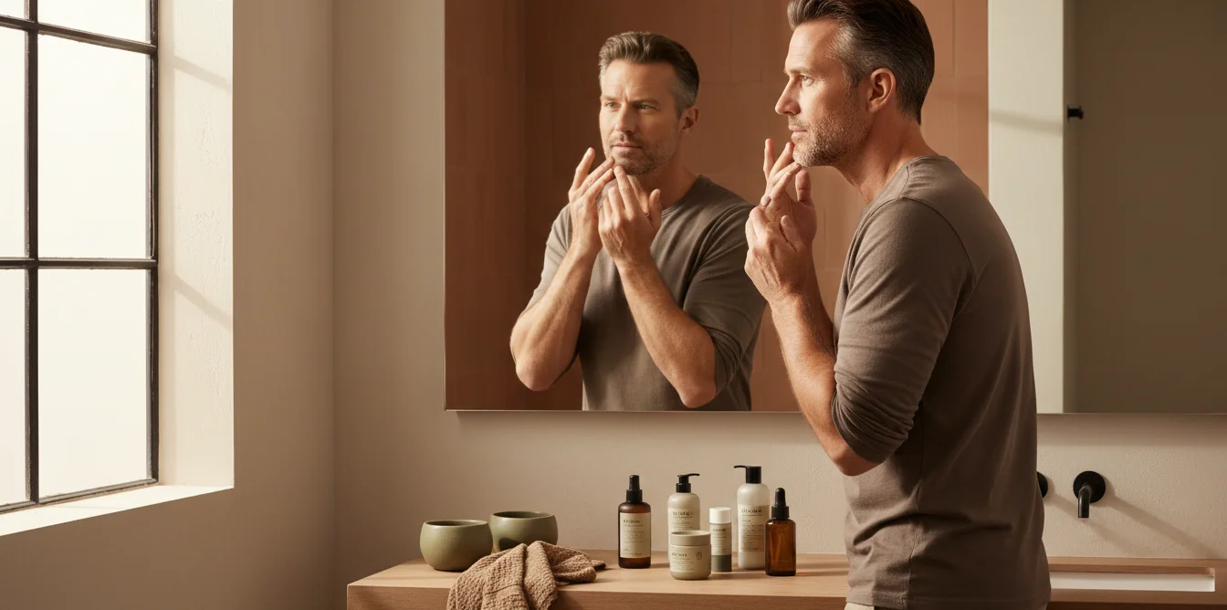 Homme appliquant une crème visage devant le miroir, routine matinale