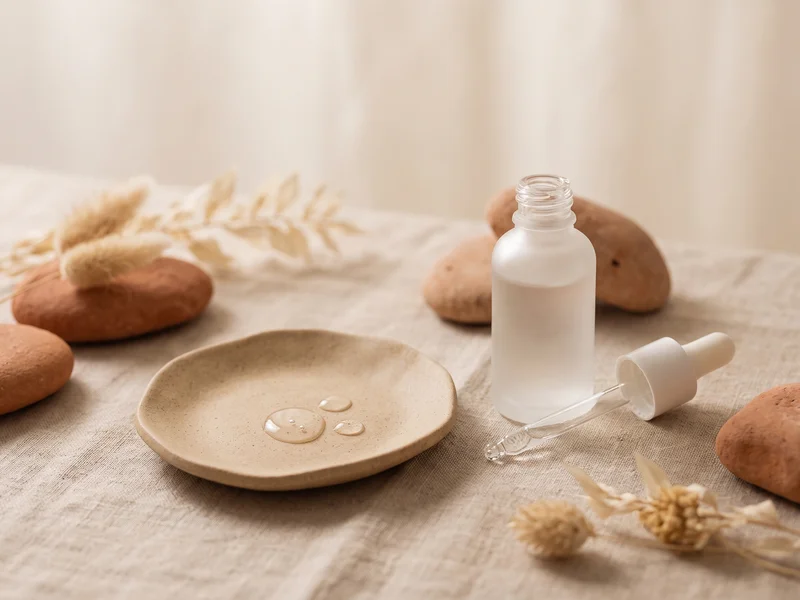 Flacon de sérum niacinamide avec pipette et gouttes sur une coupelle en céramique