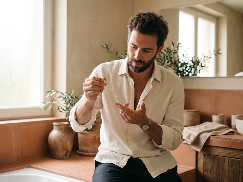 Homme déposant des gouttes de sérum niacinamide sur ses doigts dans une salle de bain lumineuse