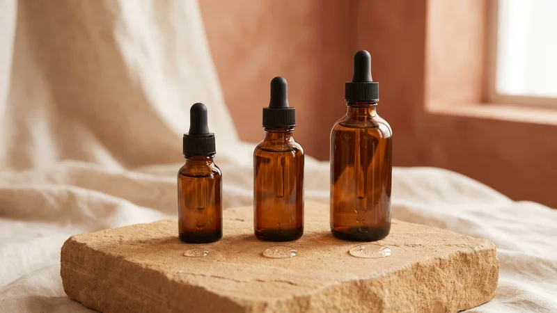 Trois flacons de sérum de tailles croissantes illustrant les concentrations de niacinamide