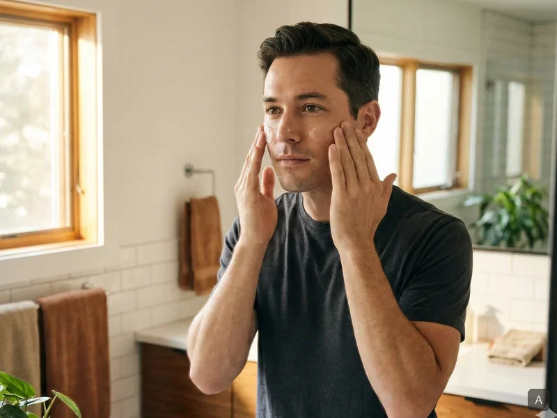 Homme appliquant une crème hydratante légère sur le visage dans sa salle de bain