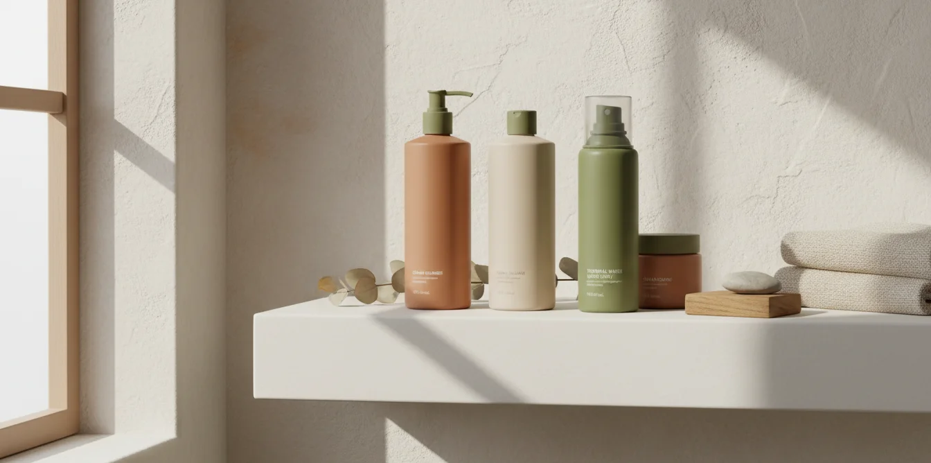 Produits skincare doux pour peau sensible sur une étagère de salle de bain blanche