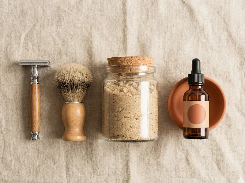 Flat-lay produits de rasage et soins anti-poils incarnés sur fond lin beige