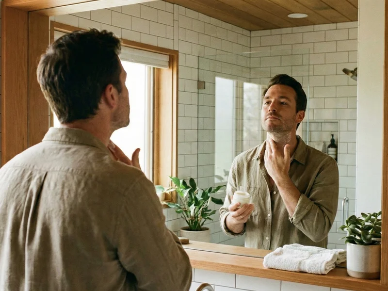 Homme appliquant un baume post-rasage devant le miroir de sa salle de bain