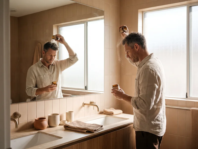 Homme appliquant de la poudre coiffante sur les racines de ses cheveux devant le miroir