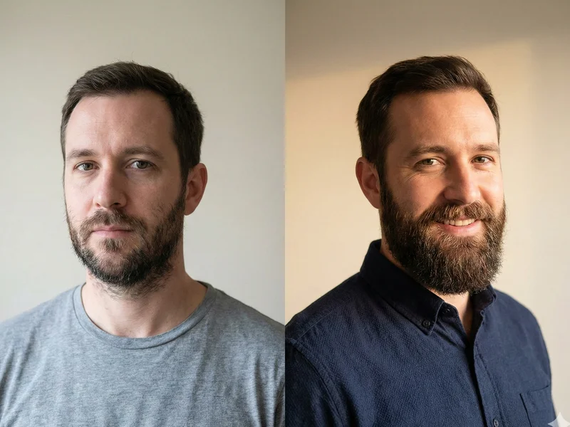 Comparaison avant après : barbe clairsemée versus barbe fournie après plusieurs mois de soins