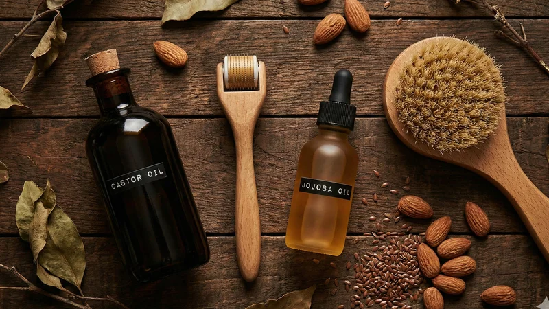 Flat-lay huile de ricin, huile de jojoba, derma roller et brosse à barbe sur bois