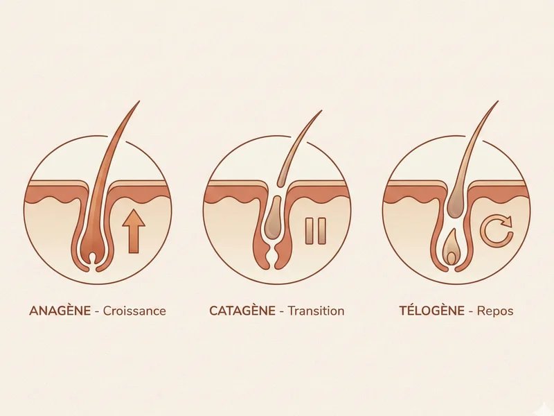 Infographie des 3 phases du cycle de pousse du poil : anagène, catagène, télogène