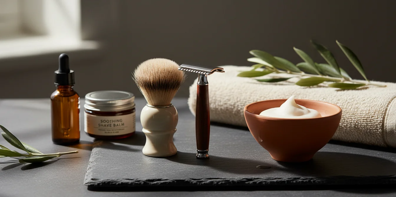 Kit de rasage pour peau sensible : rasoir de sûreté, blaireau, huile pré-rasage et baume