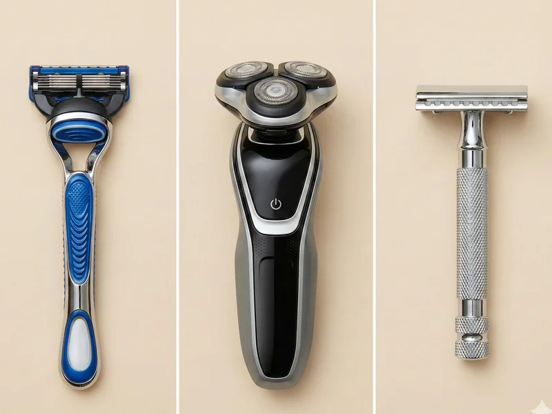 Homme se rasant devant un miroir avec un rasoir de sûreté et un blaireau